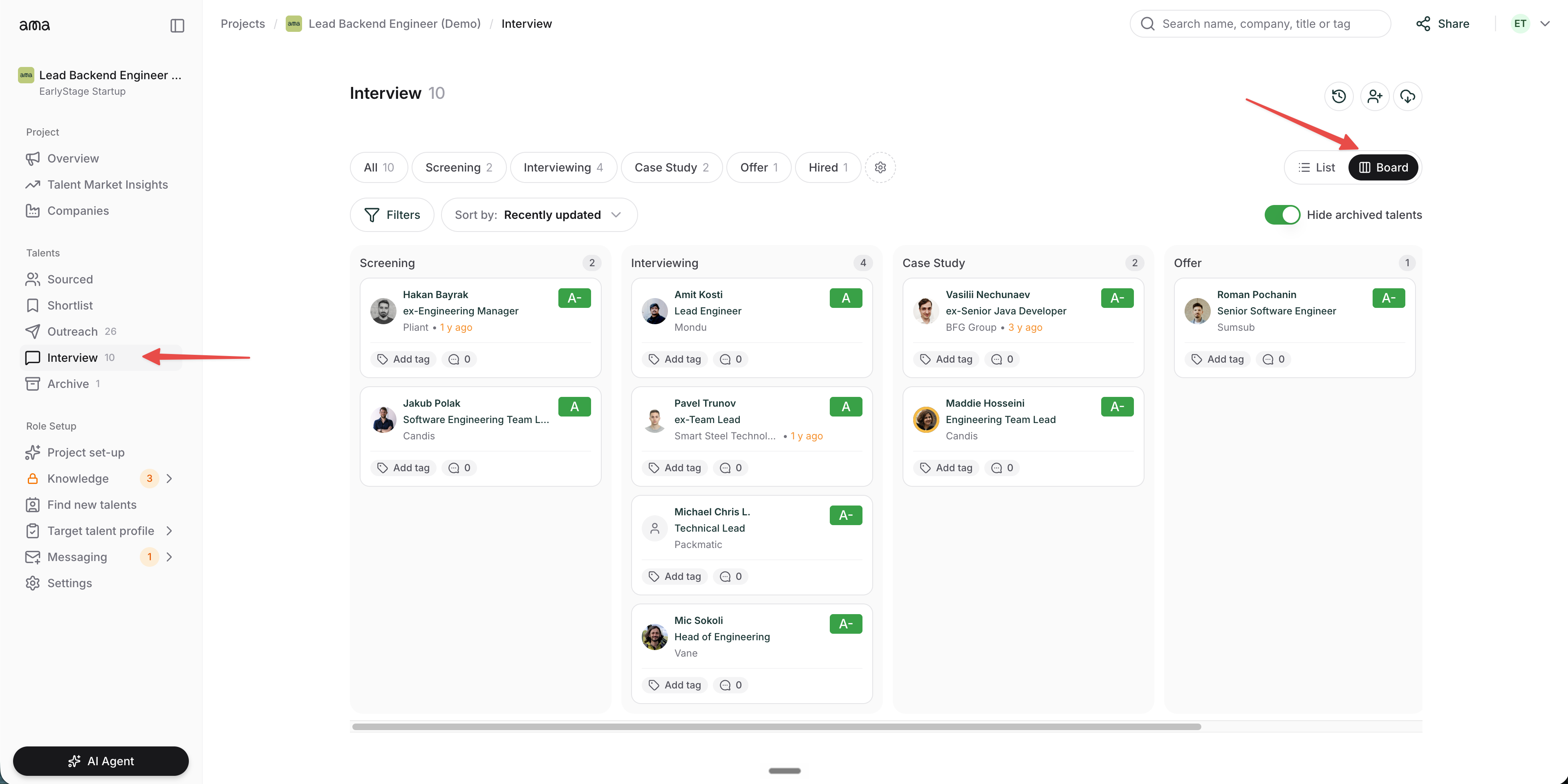 The Interview tab in Board view, showing candidates in columns by stage, with the List/Board toggle in the top-right corner